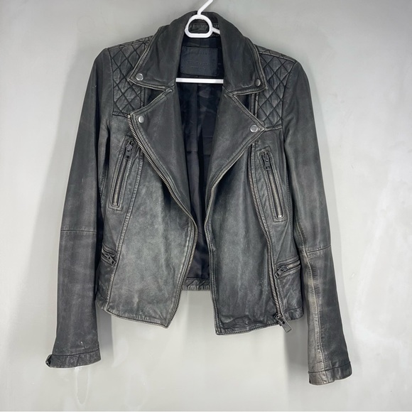 All Saints Black Leather Biker Jacket US 2 - Picture 5 of 14